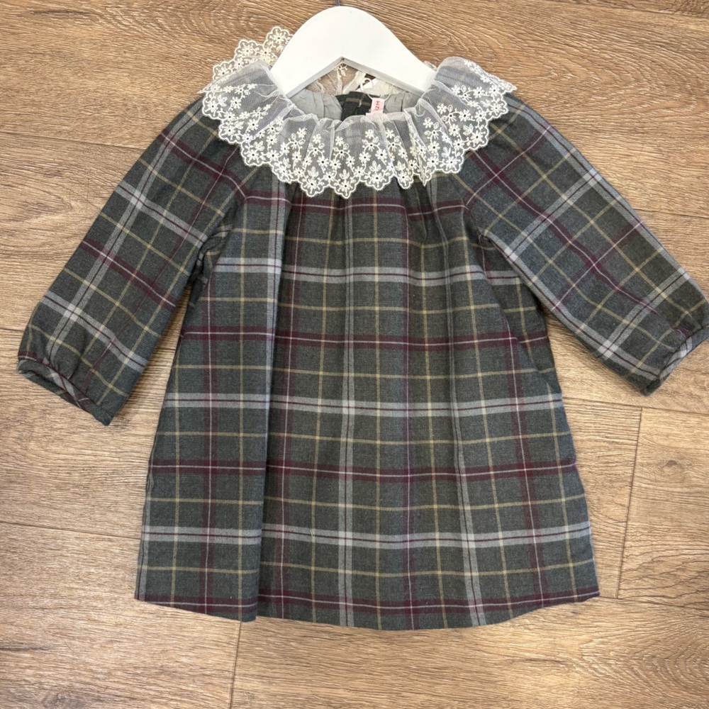 Bonpoint Gray and Burgundy Plaid Dress with Lace Detail